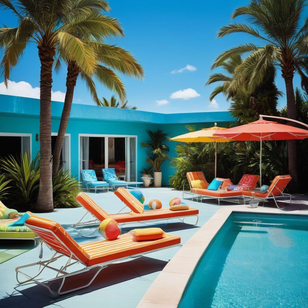 A vibrant poolside scene featuring models in various iconic bikini styles from different decades, each showcasing colorful patterns and cuts that evoke nostalgia. Surround the pool with retro lounge chairs, palm trees, and classic beach accessories, with a sunny blue sky in the background. Include a vintage-style radio playing music to further amplify the nostalgic vibe. super-realistic. vibrant colors. summer theme.