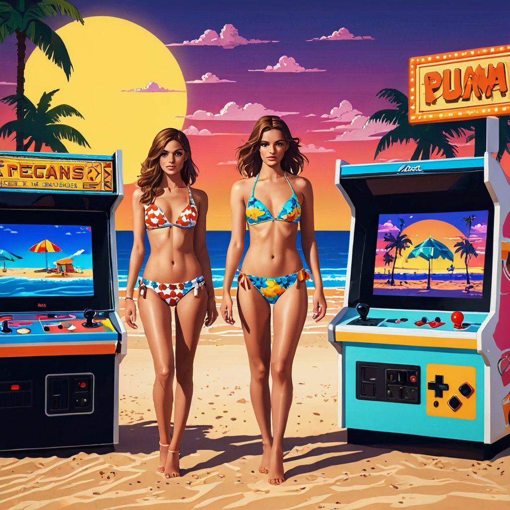 A vibrant summer scene featuring a retro-inspired bikini fashion show on a pixelated beach. Models display colorful, nostalgic bikini designs reminiscent of classic video game characters, with 8-bit graphics and oversized pixelated game elements in the background, like arcade machines and vintage consoles. The sun sets in a pixelated sky, enhancing the retro gaming atmosphere. Vector art. Bright colors. Summer vibes.